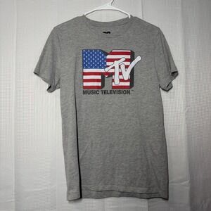 MTV Graphic Tee Medium Gray American Flag Logo Shirt